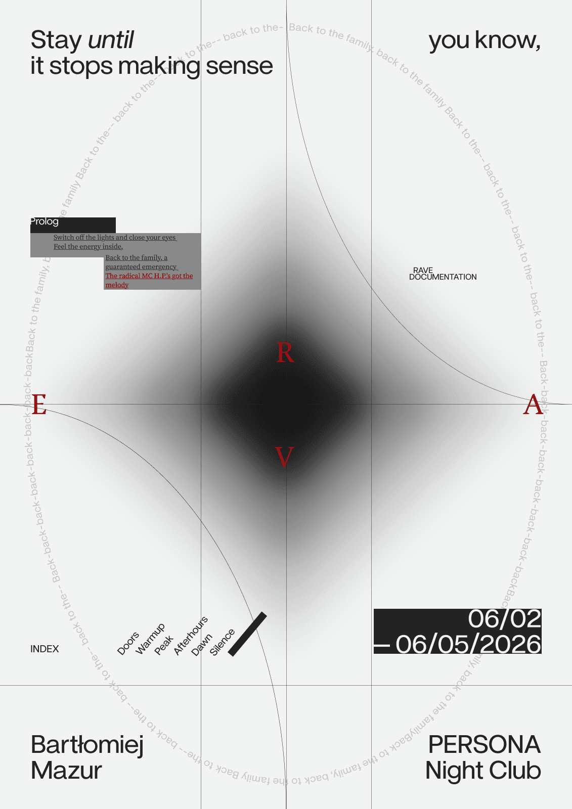 Rave event poster design with circular typography, grid lines, and Persona Night Club details