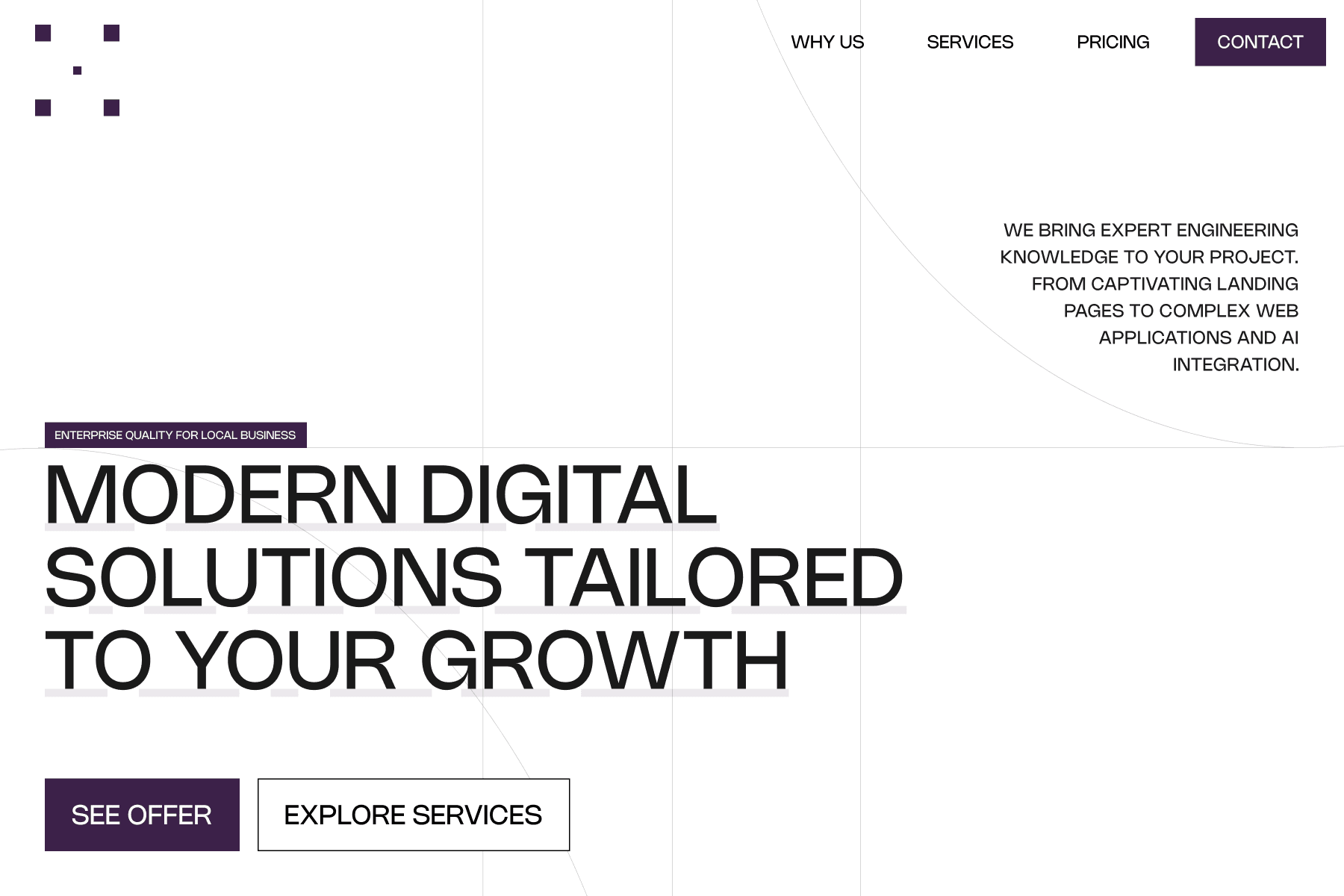 Modern digital solutions landing page mockup with large headline, navigation links, and call-to-action buttons